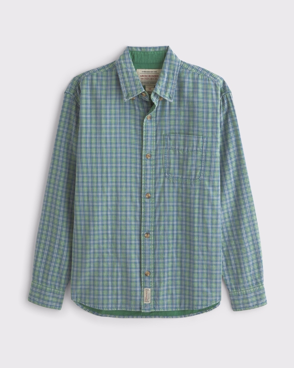 Plaid Double-Cloth Button-Up Shirt, Blue Plaid view 1