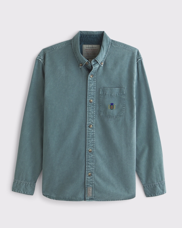 Washed Twill Button-Up Shirt, Green view 1