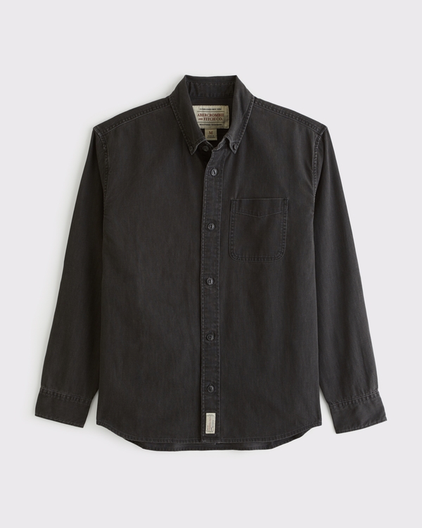Denim Button-Up Shirt, Black view 1