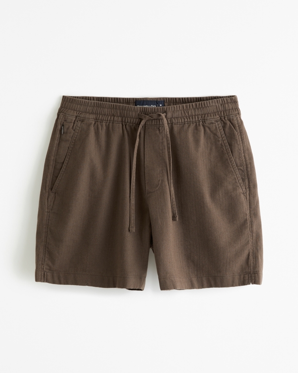 Linen-Blend Pull-On Short, Dark Brown