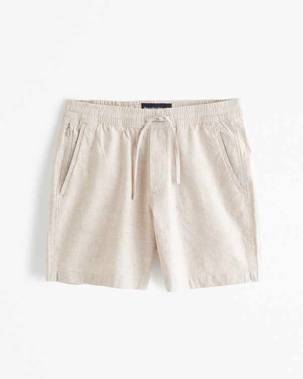 Linen-Blend Pull-On Short, Light Brown Texture