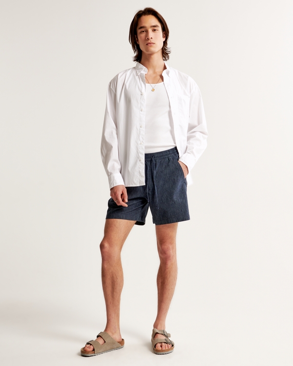 Pull-On Shorts aus Leinenmischung, Navy Blue Texture