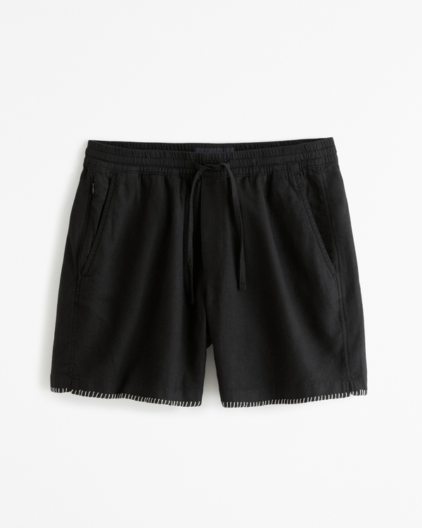 Linen-Blend Pull-On Short, Black Pattern