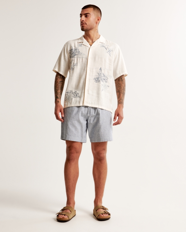 Relaxed Linen-Blend Pull-On Short, Light Blue Stripe