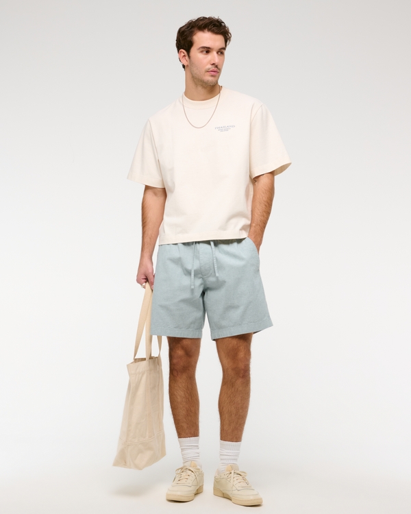 Relaxed Linen-Blend Pull-On Short, Light Blue view 2