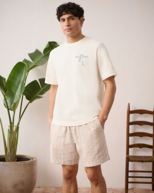 Relaxed Linen-Blend Pull-On Short, Beige Stripe view 1