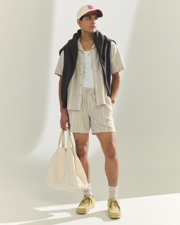Linen-Blend Pull-On Short, Beige Stripe view 1