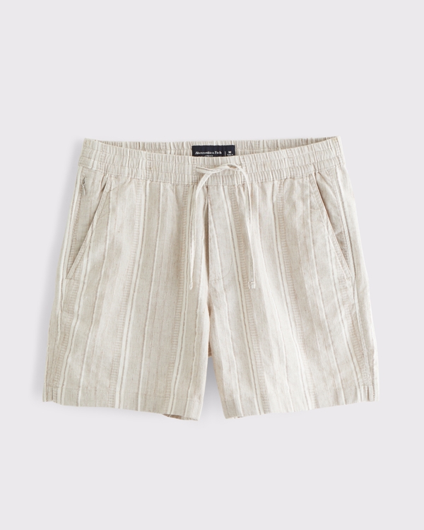 Linen-Blend Pull-On Short, Beige Stripe view 2