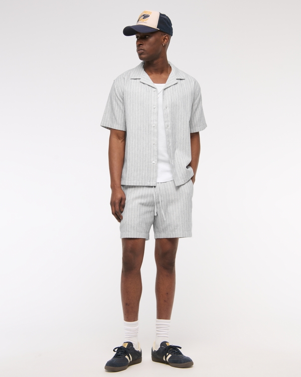 Linen-Blend Pull-On Short, Light Blue Stripe view 1