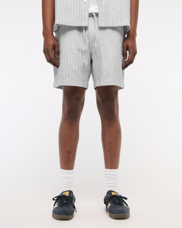 Linen-Blend Pull-On Short, Light Blue Stripe view 2
