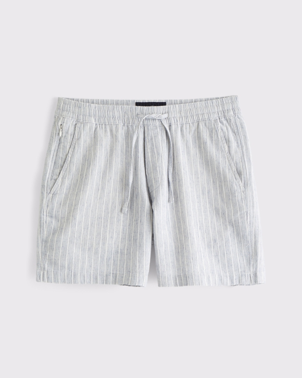Linen-Blend Pull-On Short, Light Blue Stripe view 1