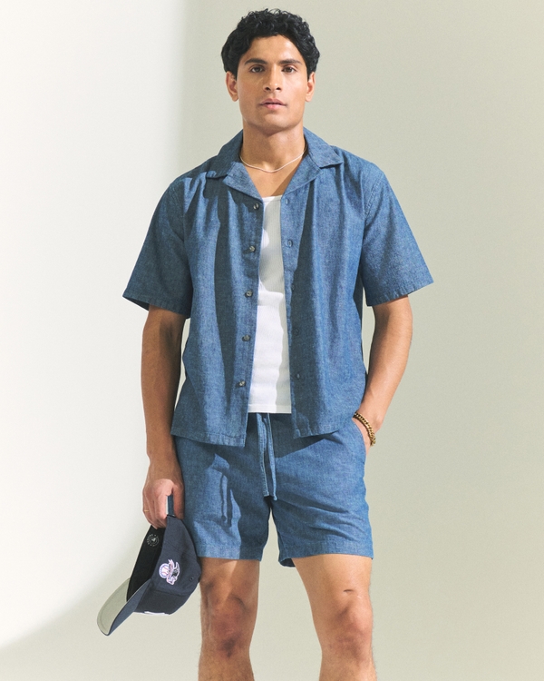 Linen-Blend Pull-On Short, Blue view 1