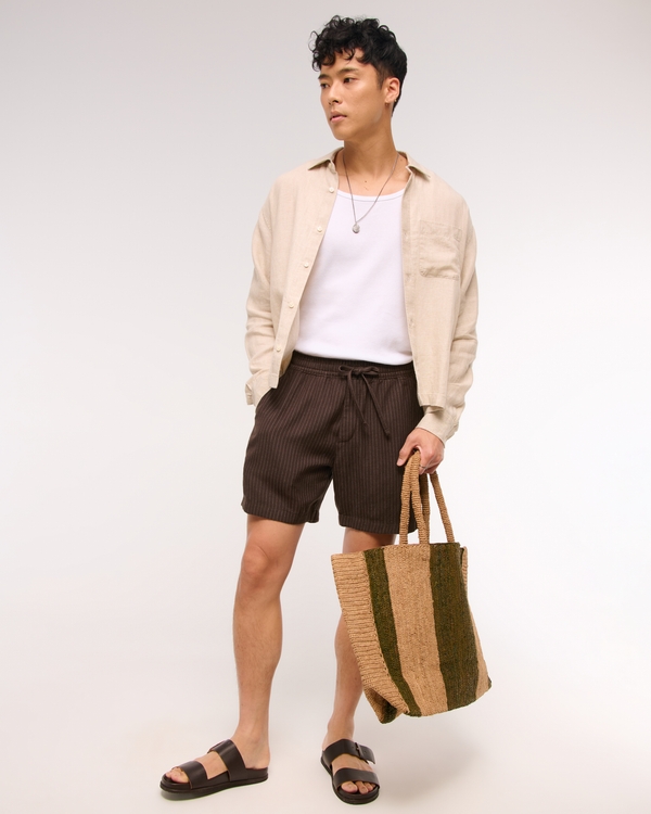 Relaxed Tailored Linen-Blend Pull-On Short, Brown Stripe view 1
