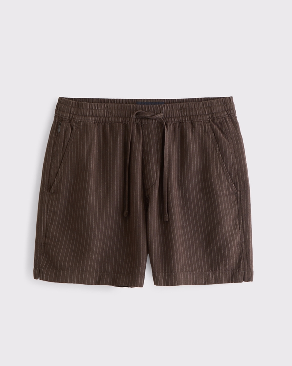 Relaxed Tailored Linen-Blend Pull-On Short, Brown Stripe view 2