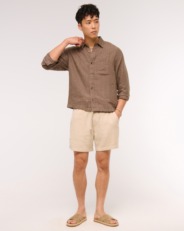 Relaxed Tailored Linen-Blend Pull-On Short, Light Beige view 1