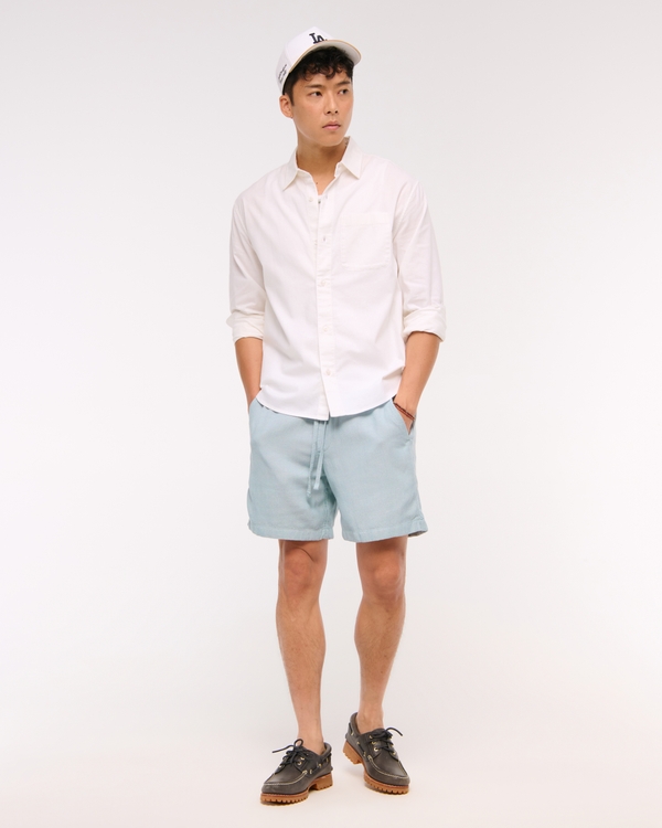Relaxed Tailored Linen-Blend Pull-On Short, Light Blue view 1