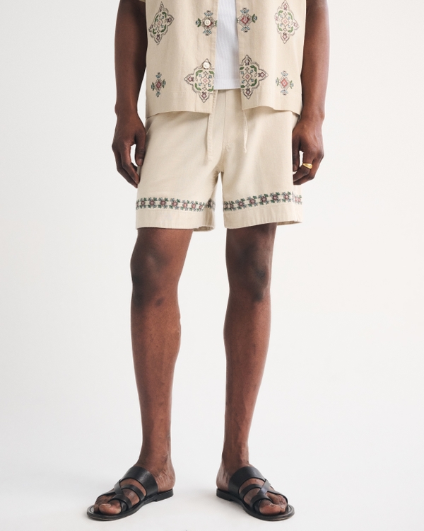 Linen-Blend Pull-On Short, Taupe Pattern view 2