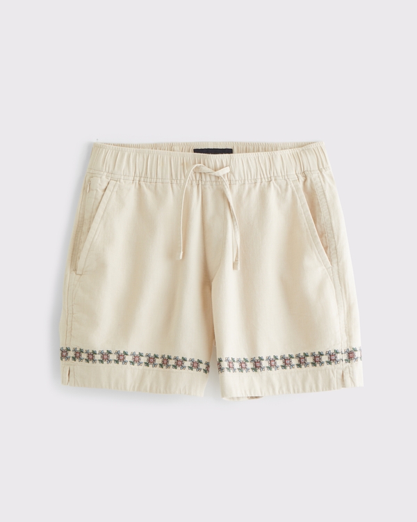 Linen-Blend Pull-On Short, Taupe Pattern view 1
