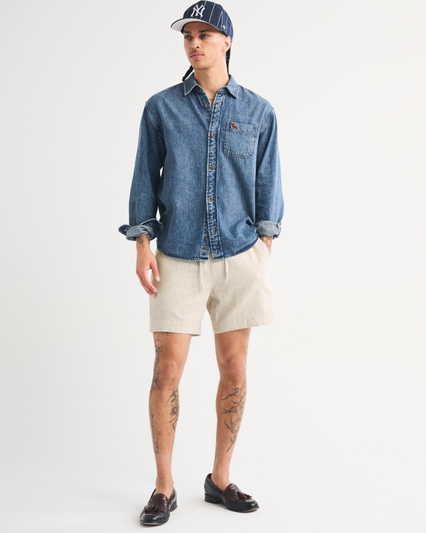 Linen-Blend Pull-On Short, Light Beige view 1