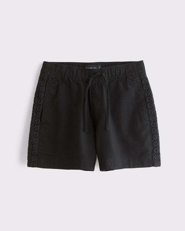 Linen-Blend Lace-Pieced Pull-On Short, Black Pattern view 1