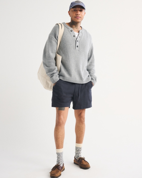 Linen-Blend Pull-On Short, Navy view 1