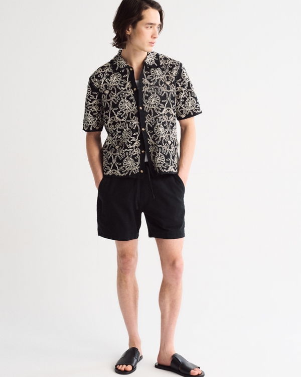 Linen-Blend Pull-On Short, Black view 1