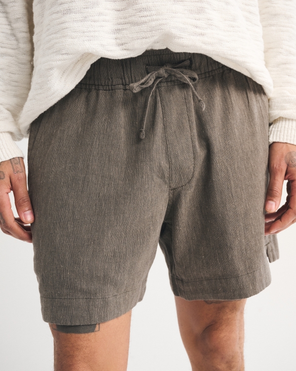 Linen-Blend Pull-On Short, Olive Brown view 2