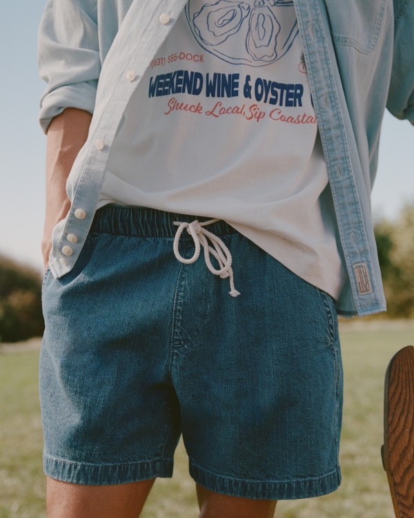 Linen-Blend Denim Pull-On Short, Medium Wash view 1