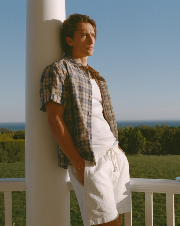 Linen-Blend Denim Pull-On Short, Off White view 1