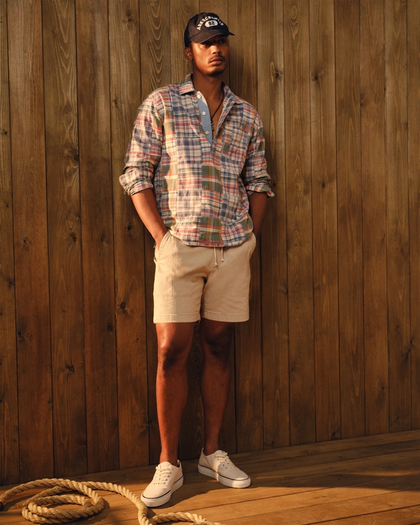 Linen-Blend Denim Pull-On Short, Light Beige view 1