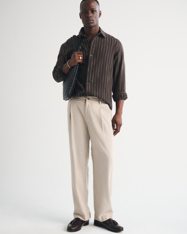 Linen-Blend Relaxed Pleated Hybrid-Waist Trouser, Light Brown view 1