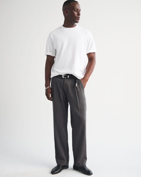 Linen-Blend Relaxed Pleated Hybrid-Waist Trouser, Dark Gray view 1