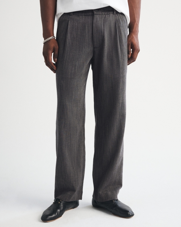 Linen-Blend Relaxed Pleated Hybrid-Waist Trouser, Dark Gray view 2