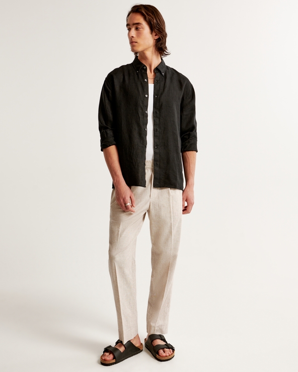 Linen-Blend Pull-On Pant, Light Brown Texture