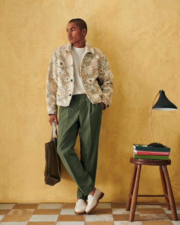 Linen-Blend Pull-On Pant, Olive Green Pattern