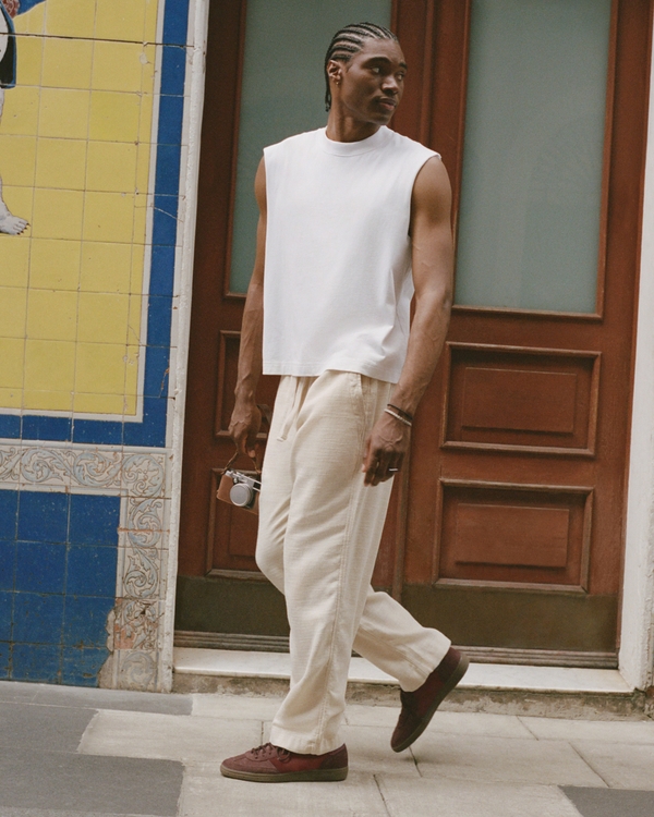 Baggy Cotton Texture Pull-On Pant, Light Beige view 1