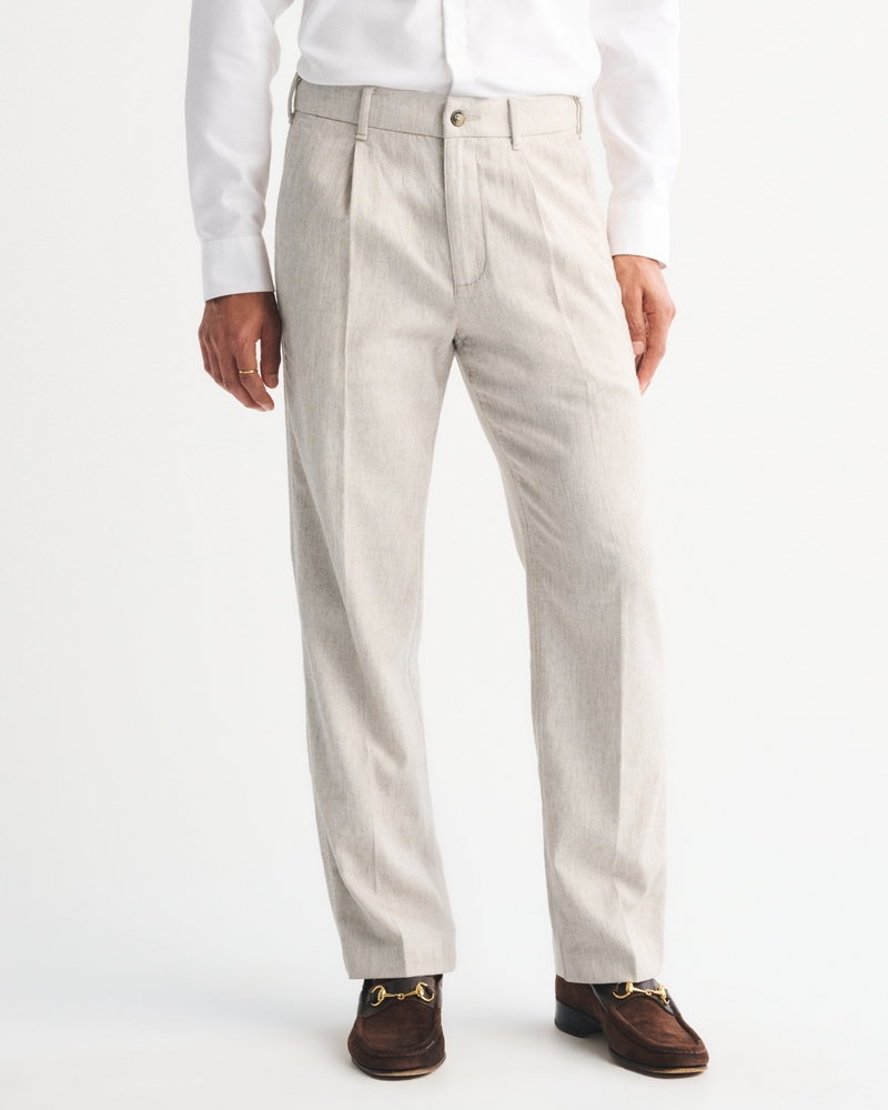 Linen-Blend Pleated Relaxed Straight Fixed Waist Pant