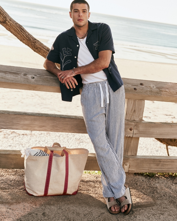 Baggy Cotton Texture Pull-On Pant, White Stripe view 1