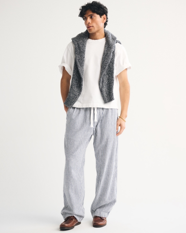 Baggy Cotton Texture Pull-On Pant, White Stripe view 1