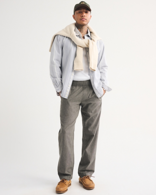 Linen-Blend Relaxed Straight Pull-On Pant, Olive view 1