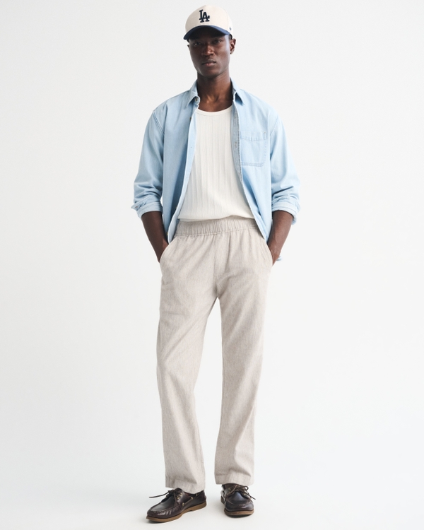 Linen-Blend Relaxed Straight Pull-On Pant, Oatmeal view 1