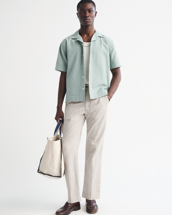 Linen-Blend Relaxed Straight Trouser, Oatmeal view 1