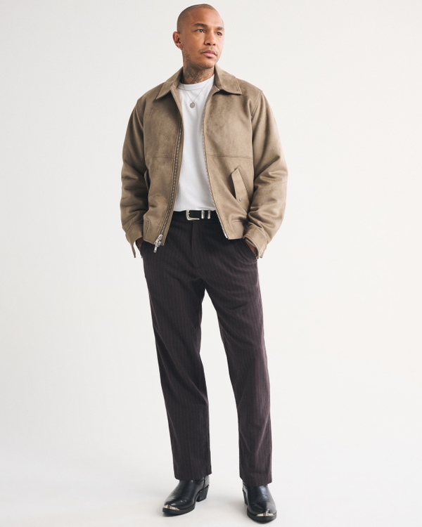 Linen-Blend Relaxed Straight Trouser, Dark Brown Stripe view 1