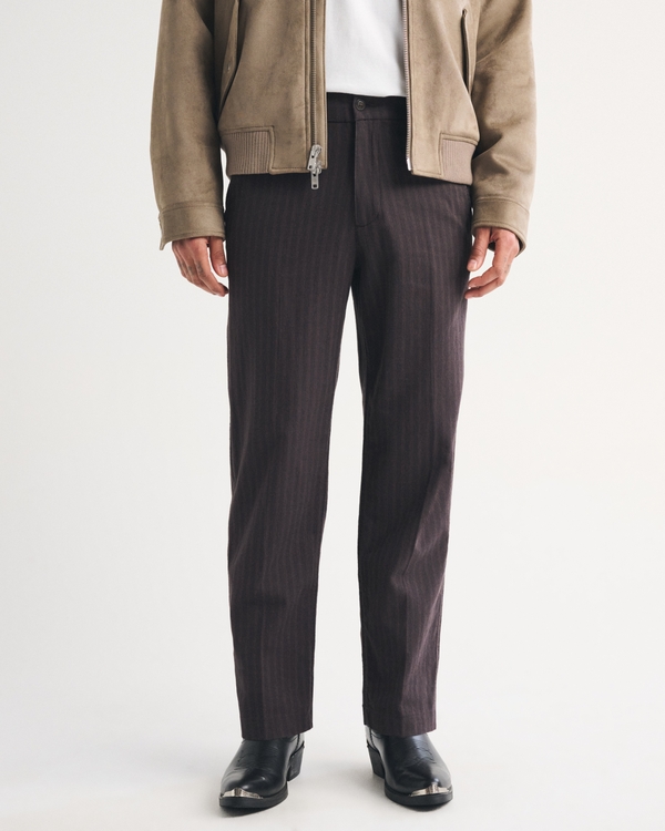 Linen-Blend Relaxed Straight Trouser, Dark Brown Stripe view 2