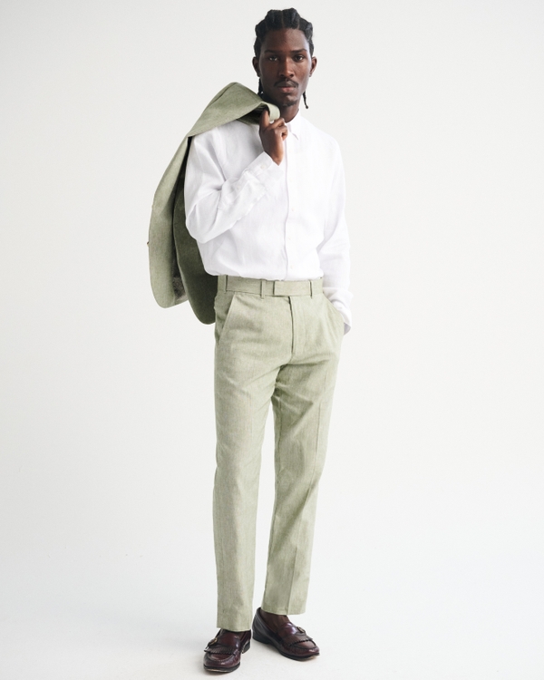 linen blend dress pants Azazie Carter Tan Cotton Linen Blend Slim Men's Wedding Suit Pants Size 40 Regular