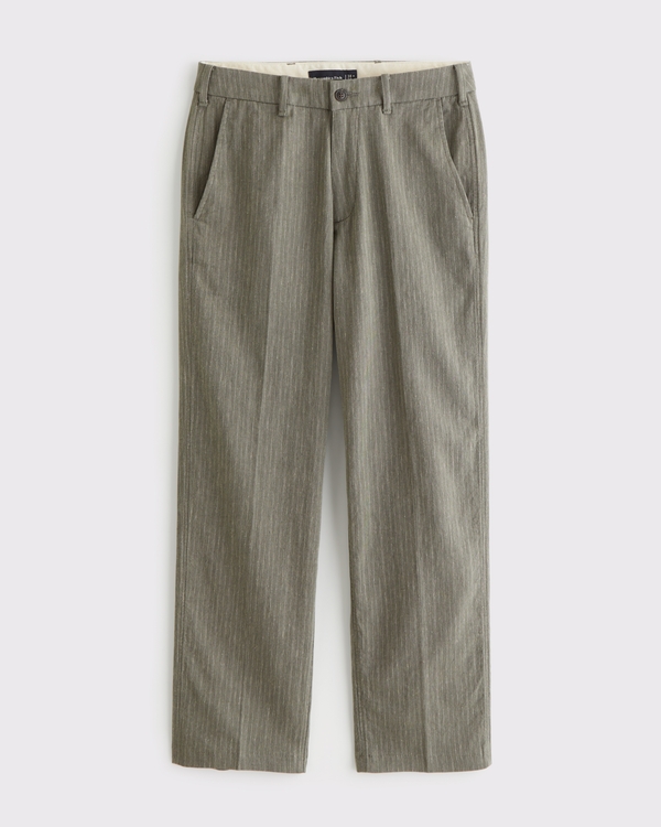 Linen-Blend Relaxed Straight Trouser, Olive Stripe view 1