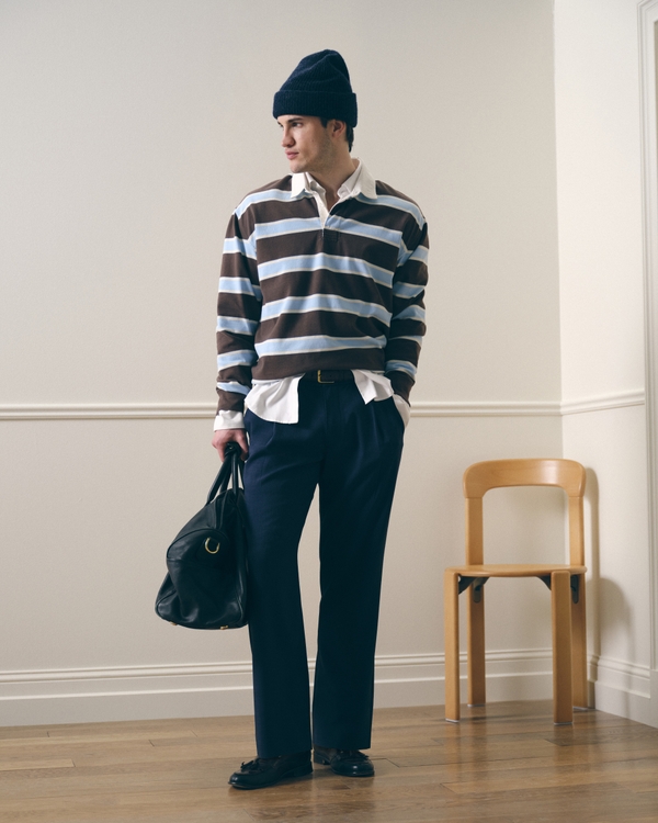 Relaxed Straight Pleated Hybrid Waist Trouser, Navy view 1