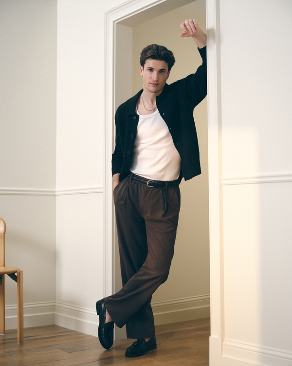 Relaxed Straight Pleated Hybrid Waist Trouser, Chocolate Brown view 1