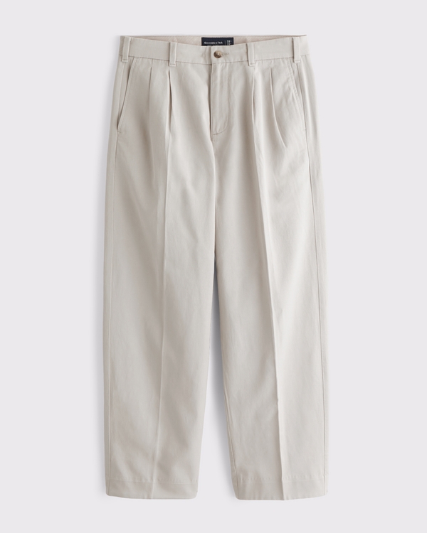 Cotton-Blend Pleated Baggy Trouser, Ash view 1