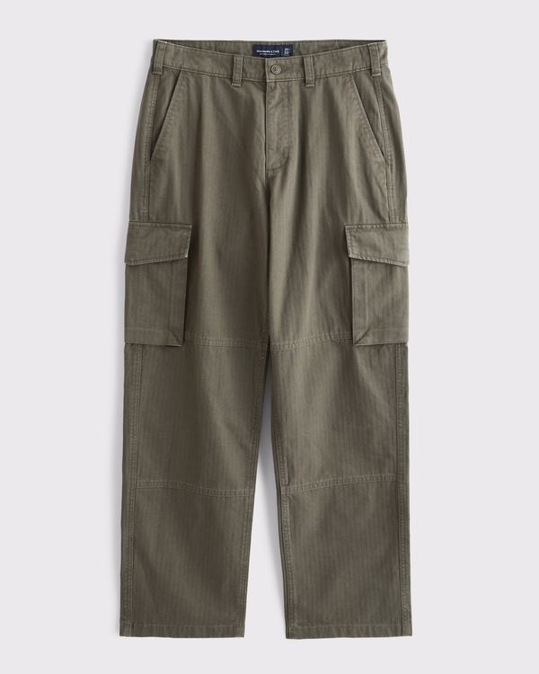 Relaxed Herringbone Clean Cargo Pant, Deep Moss view 1